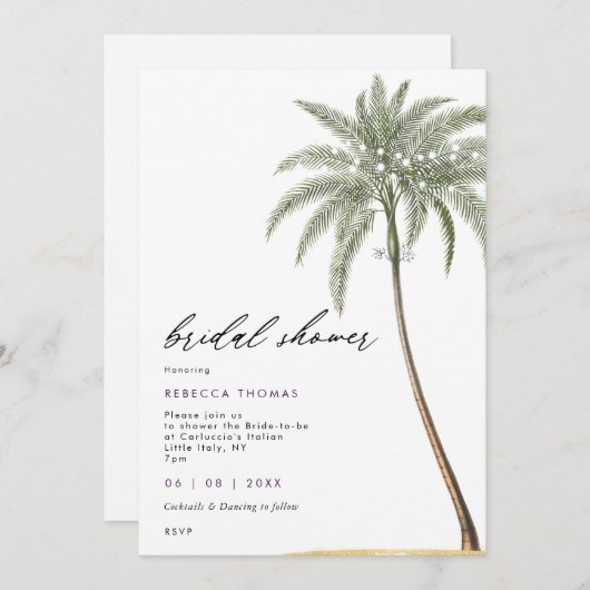 熱帯ヤシの木のビーチイブライダルシャワー 招待状 (正面/裏面)