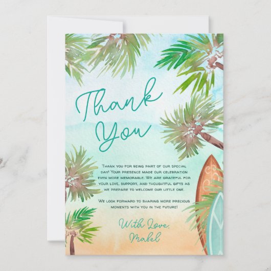 熱帯ヤシの木のビーチベビーオンボードシャワー サンキューカード (正面)