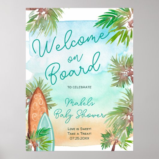 熱帯ヤシの木のビーチベビーオンボードシャワー ポスター (正面)