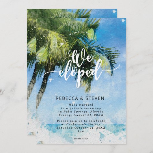 熱帯ヤシの木のビーチ私達は駆け落ちしました 招待状 (正面/裏面)