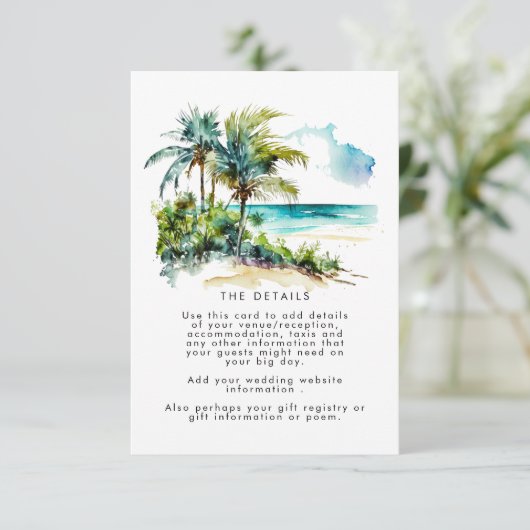 熱帯ヤシの木のビーチ結婚式情報カード エンクロージャーカード (スタンド正面)