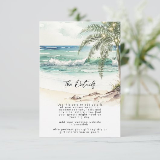 熱帯ヤシの木のビーチ結婚式情報カード エンクロージャーカード (スタンド正面)