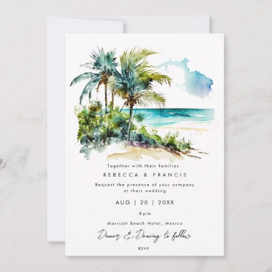 熱帯ヤシの木のビーチ結婚式 招待状 (正面)