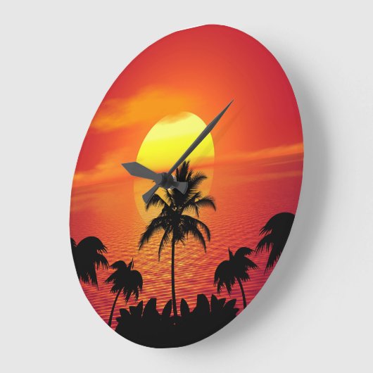 熱帯ヤシの木の海の地平線の日没 ラージ壁時計 (傾斜)