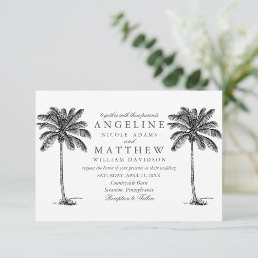 熱帯ヤシの木の白と黒結婚のカード 招待状 (スタンド正面)