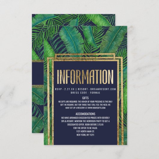 熱帯ヤシの木の緑の草木の金ゴールドの濃紺の詳細 エンクロージャーカード (正面/裏面)