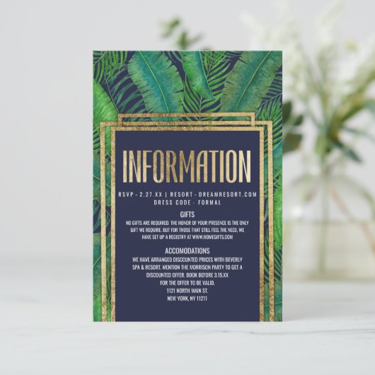 熱帯ヤシの木の緑の草木の金ゴールドの濃紺の詳細 エンクロージャーカード (スタンド正面)