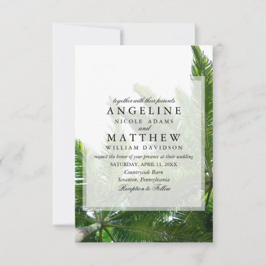 熱帯ヤシの木の緑結婚のカード 招待状 (正面)
