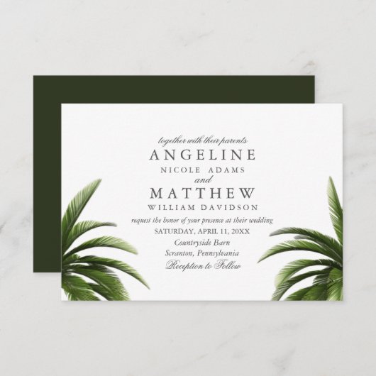 熱帯ヤシの木の緑結婚のカード 招待状 (正面/裏面)
