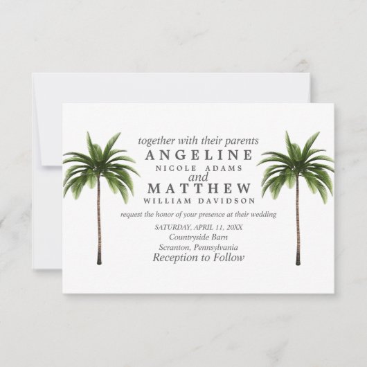 熱帯ヤシの木の緑結婚のカード 招待状 (正面)