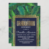 熱帯ヤシの木の緑金ゴールドの濃紺の卒業 招待状 (正面/裏面)