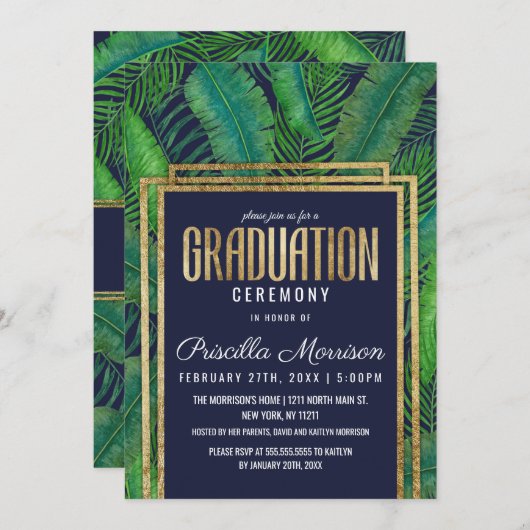 熱帯ヤシの木の緑金ゴールドの濃紺の卒業 招待状 (正面/裏面)