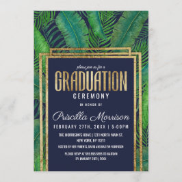 熱帯ヤシの木の緑金ゴールドの濃紺の卒業 招待状