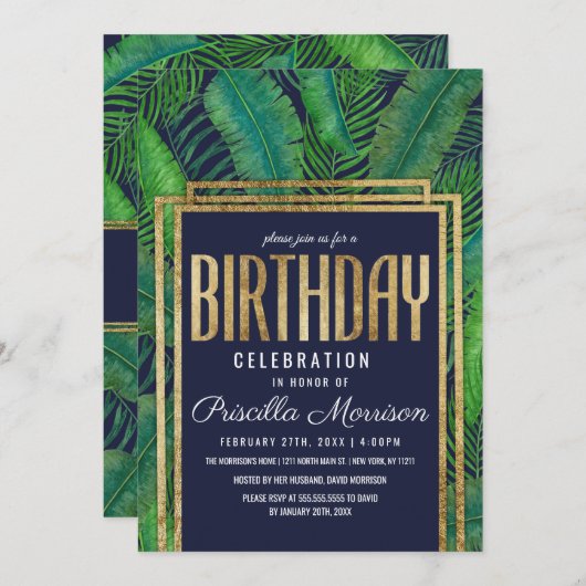 熱帯ヤシの木の緑金ゴールドの濃紺の誕生日 招待状 (正面/裏面)