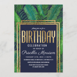 熱帯ヤシの木の緑金ゴールドの濃紺の誕生日 招待状