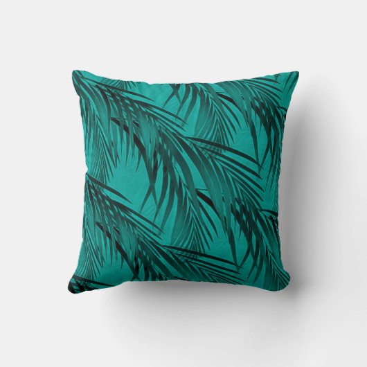 熱帯ヤシの木の葉のパターン |ターコイズとティール(緑がかった色) クッション (裏面)