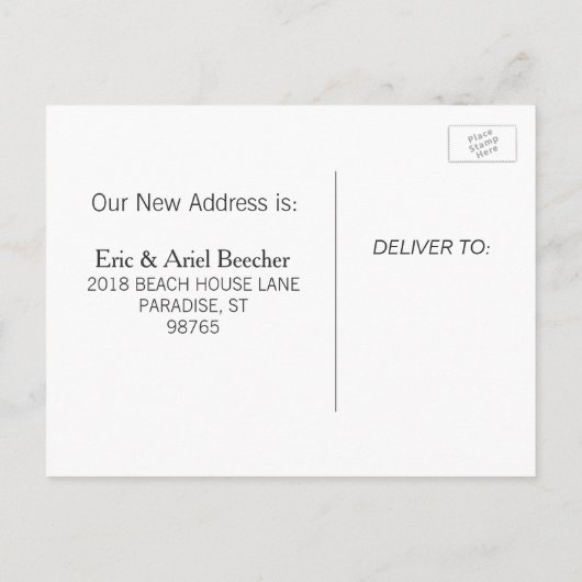 熱帯ヤシの木は新しい住所発表を浜に引き上げます 案内ポストカード (裏面)