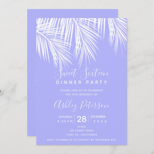 熱帯ヤシの木紫タイポグラフィスイート16 招待状 (正面/裏面)