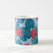 熱帯ヤシの継ぎ目のない葉の青い模様 コーヒーマグカップ (中央)
