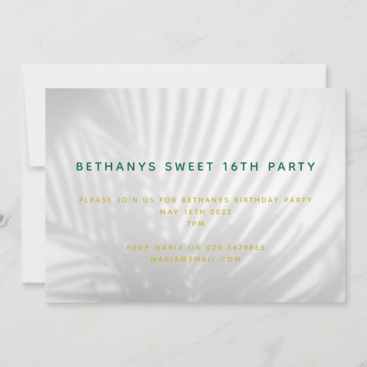 熱帯ヤシの緑のネオンスクリプト、16歳の誕生日 セーブザデート (裏面)