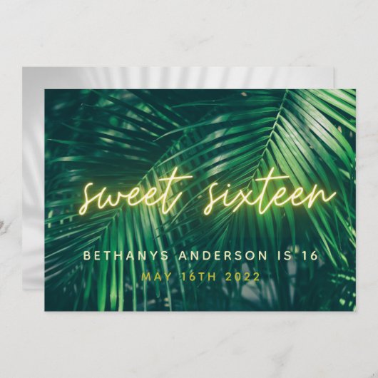 熱帯ヤシの緑のネオンスクリプト、16歳の誕生日 セーブザデート (正面/裏面)