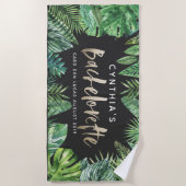 熱帯ヤシの葉とスクリプト金ゴールドバチェロレッテバン ビーチタオル (正面)