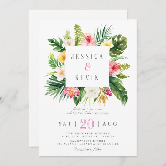 熱帯ヤシの葉とフローラパーソナライズされた 招待状 (正面/裏面)