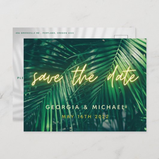 熱帯ヤシの葉のネオンスクリプモダントトレンディー救 案内ポストカード (正面/裏面)