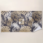 熱帯ヤシの葉の金ゴールドネービーブルーモノグラム島 ビーチタオル (正面)