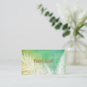 熱帯ヤシの葉自然アートティール（緑がかった色）ブルーとホワイト 名刺 (スタンド正面)