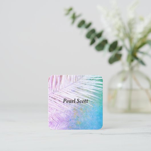 熱帯ヤシの葉自然アート紫と青のスクア スクエア名刺 (スタンド正面)