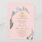 熱帯ユニーク白オーキッド金ゴールド聖餐式 招待状 (正面/裏面)