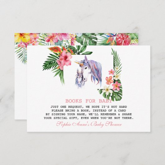 熱帯ユニーク花ユニコーン赤ちゃんシャワー エンクロージャーカード (正面/裏面)