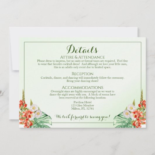 熱帯リングや輪結婚式招待状と詳細 招待状 (裏面)