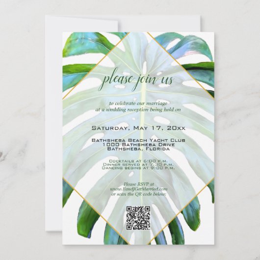 熱帯リーフたった今結婚しましたすべて1つのQRコード 招待状 (裏面)