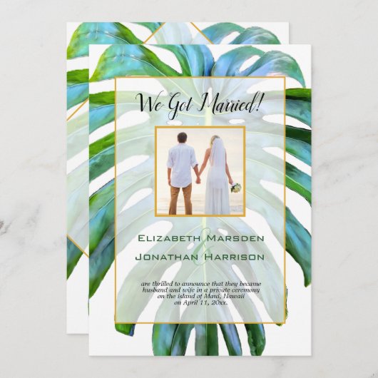 熱帯リーフたった今結婚しましたすべて1つのQRコード 招待状 (正面/裏面)