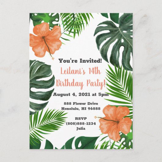 熱帯リーフとハイビスカスパーティの招待状 インビテーションポストカード (正面)