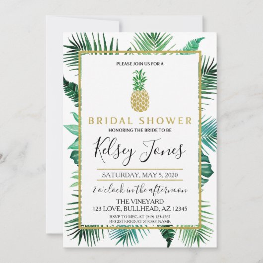 熱帯リーフパイナップル海軍と白ストライプ 招待状 (正面)