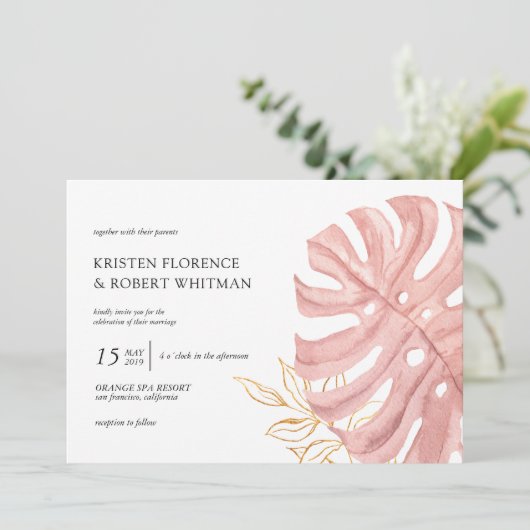 熱帯リーフパステル金ゴールド結婚式招待状 招待状 (スタンド正面)