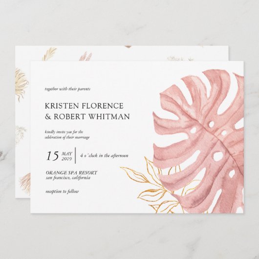 熱帯リーフパステル金ゴールド結婚式招待状 招待状 (正面/裏面)