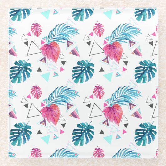 熱帯リーフ三角形パターン ガラスコースター (正面)