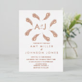 熱帯リーフ金ゴールド結婚リングや輪プレス 箔招待状 (立ち正面)