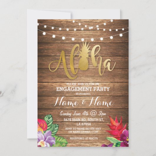 熱帯ルアウ（ハワイ式宴会）のアロハ花の婚約パーティの招待 招待状 (正面)