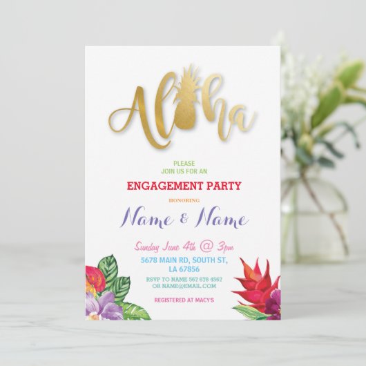 熱帯ルアウ（ハワイ式宴会）のアロハ花の婚約パーティの招待 招待状 (スタンド正面)