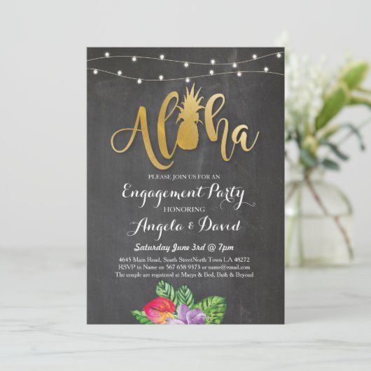 熱帯ルアウ（ハワイ式宴会）のアロハ金ゴールドの花の婚約の招待 招待状 (スタンド正面)