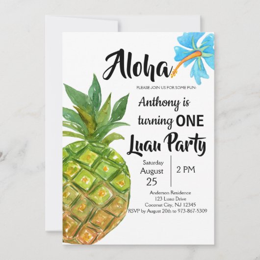 熱帯ルアウ（ハワイ式宴会）のパイナップル最初誕生会 招待状 (正面)