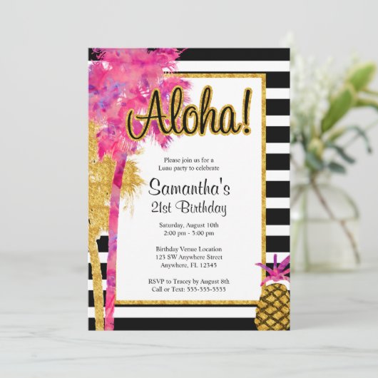 熱帯ルアウ（ハワイ式宴会）ストライプ21歳の誕生日 招待状 (スタンド正面)