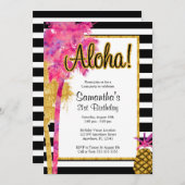 熱帯ルアウ（ハワイ式宴会）ストライプ21歳の誕生日 招待状 (正面/裏面)