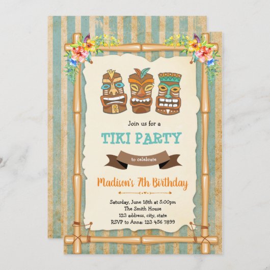 熱帯ルアウ（ハワイ式宴会）ティキ誕生日の招待 招待状 (正面/裏面)