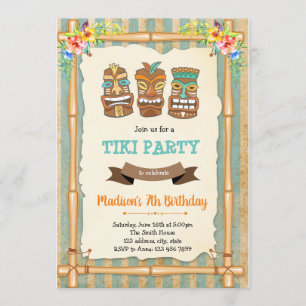 熱帯ルアウ（ハワイ式宴会）ティキ誕生日の招待 招待状
